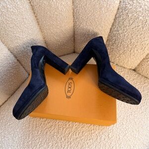 Tod's Dark Blue Suede Block Heels